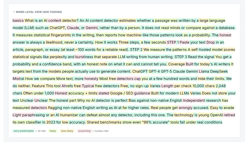 Word-level view from the AI detector highlighting each word by how predictable a language model finds it, using green, yellow, and red color coding.